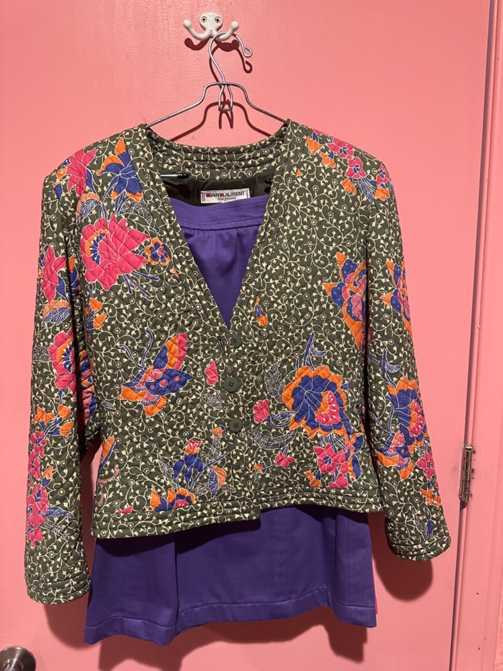 Yves Saint Laurent Olive Quilted Floral Jacket with Pink & Orange Embroidery